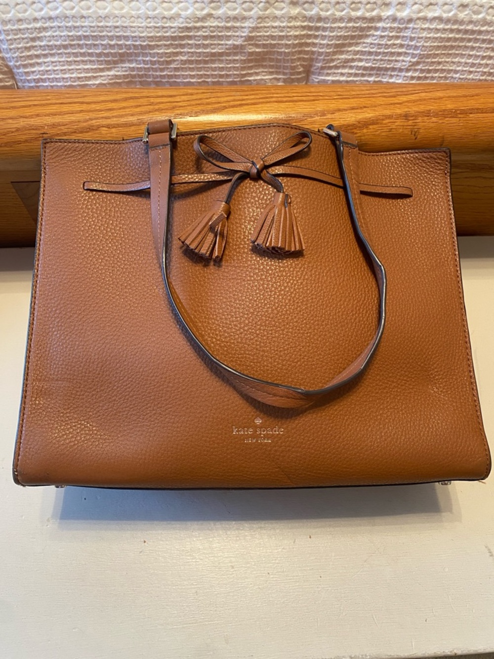 kate spade Tan Leather Pebbled Tote with Tassel Details